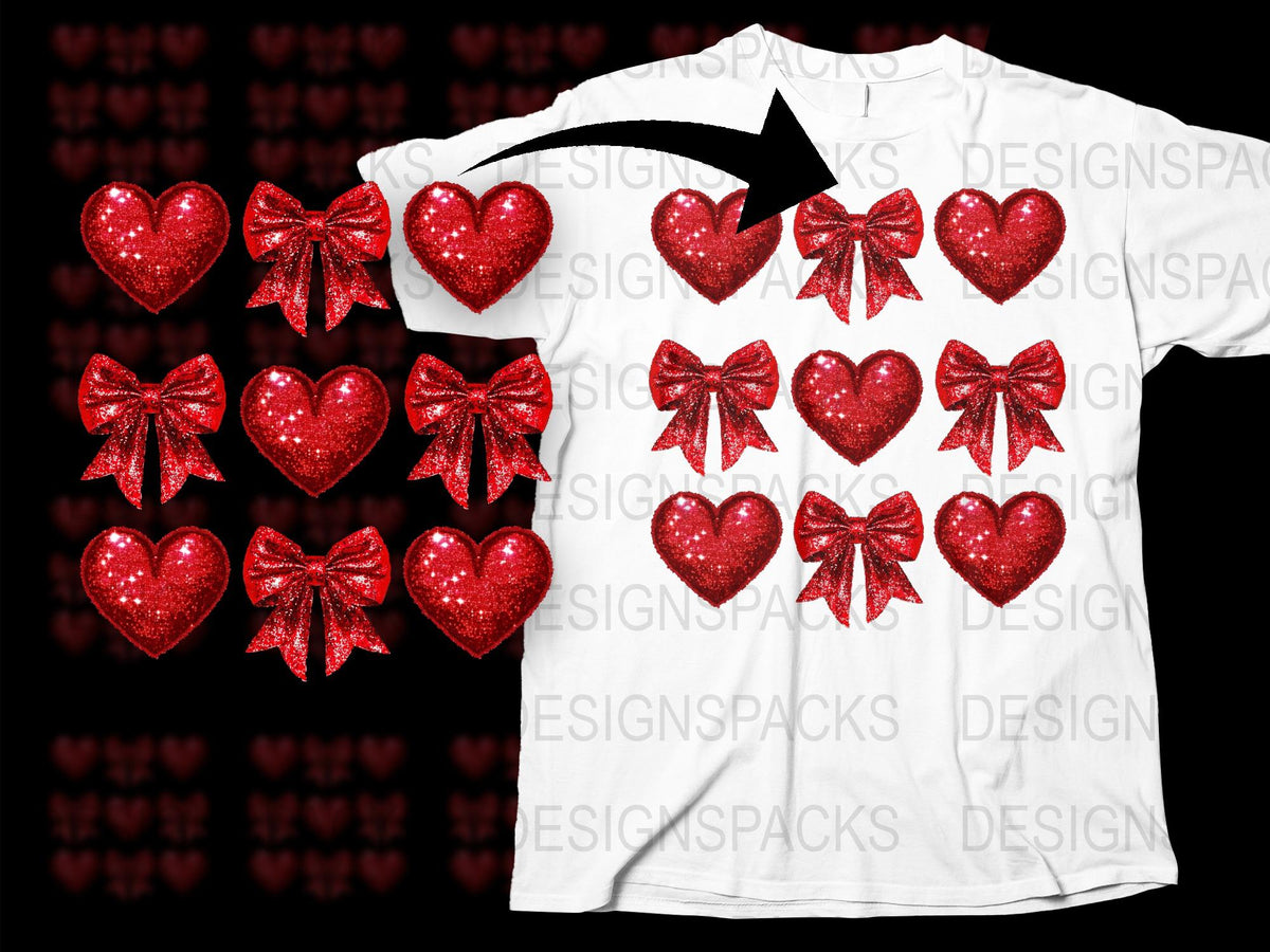 Sparkly Red Heart Bows Shirt, Valentine's Day Glitter Graphic T-Shirt, Love Celebration Tee, Unisex Fashion Top