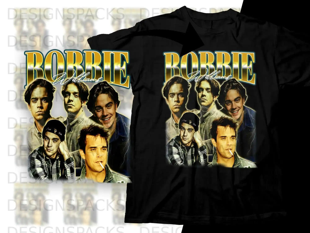 Robbie Williams collage t-shirt with four portraits and text.