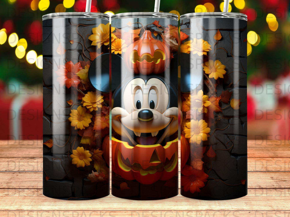 Mickey Mouse in a pumpkin with fall leaves and warm lights.
