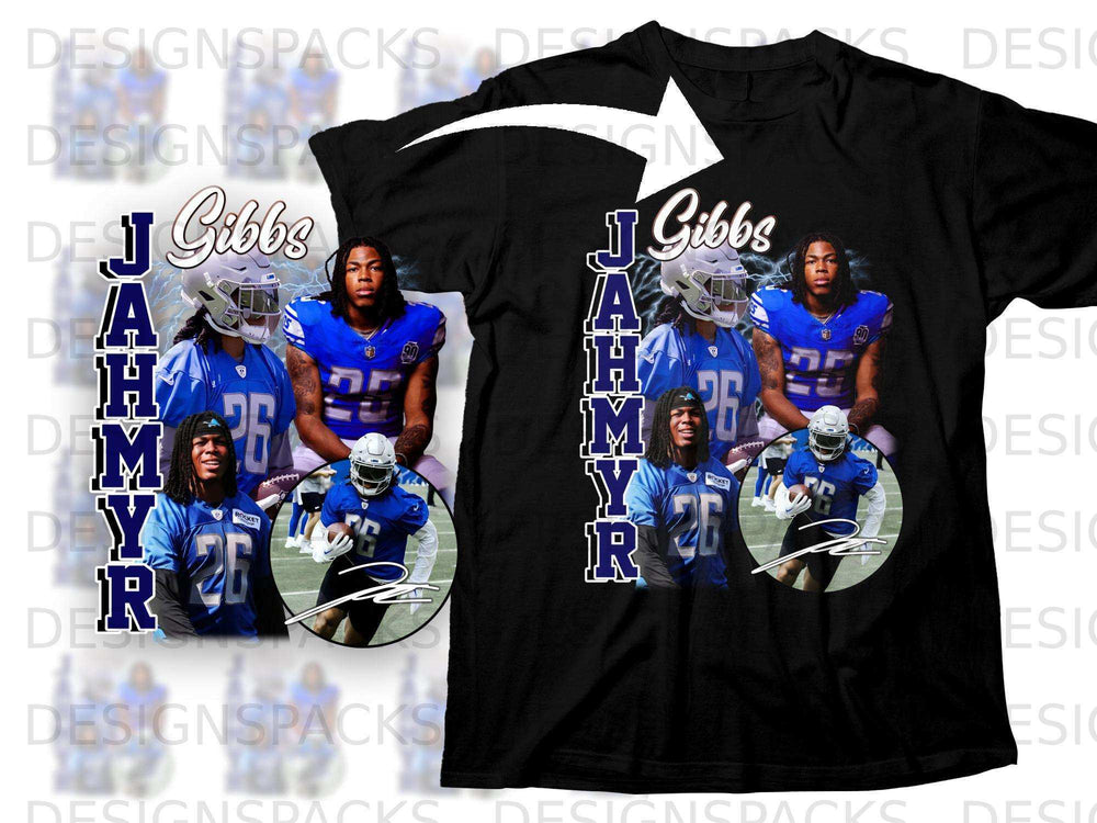 Black t-shirt featuring Jahmyr Gibbs in football uniform with name and number 26.