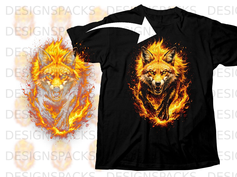 Black t-shirt with a fiery fox graphic design running.