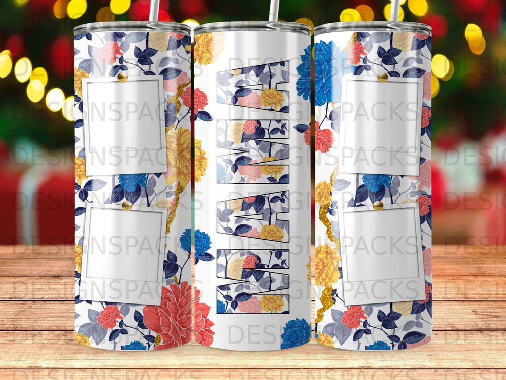 Floral tumbler with "MAMA" text and floral patterns.