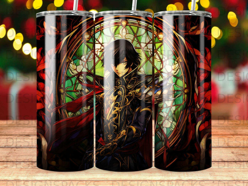Anime character with red cloak in front of stained glass window.
