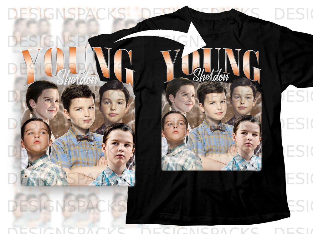 Young Sheldon title with collage of young Sheldon Cooper characters on black t-shirt.
