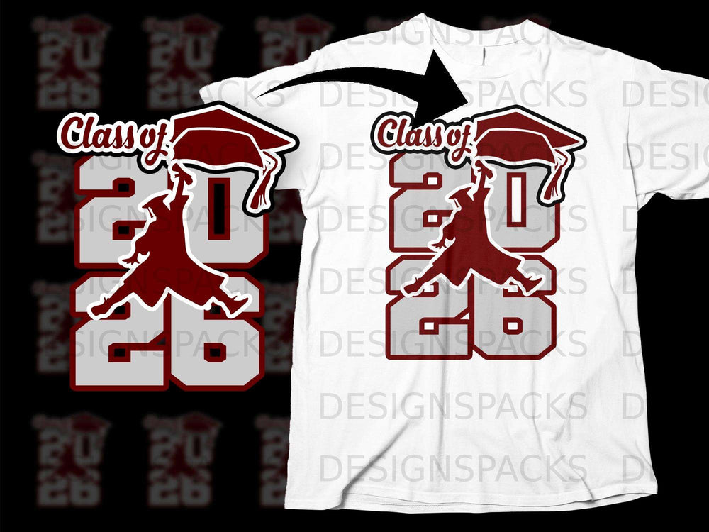 "Class of 2026" text with graduating silhouette on white t-shirt.