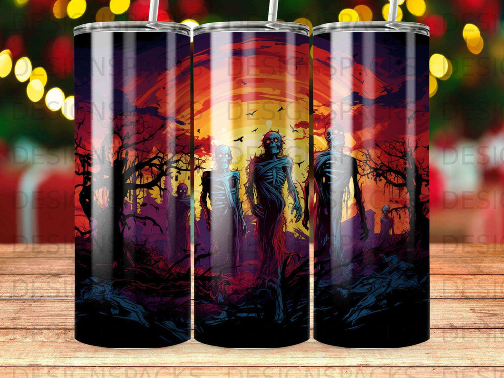 Three skeletons and zombies in a spooky forest at sunset.