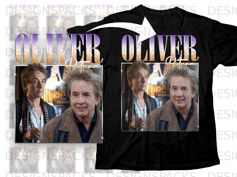 Black t-shirt with "OLIVER Putnam" text and two portraits of Martin Short.