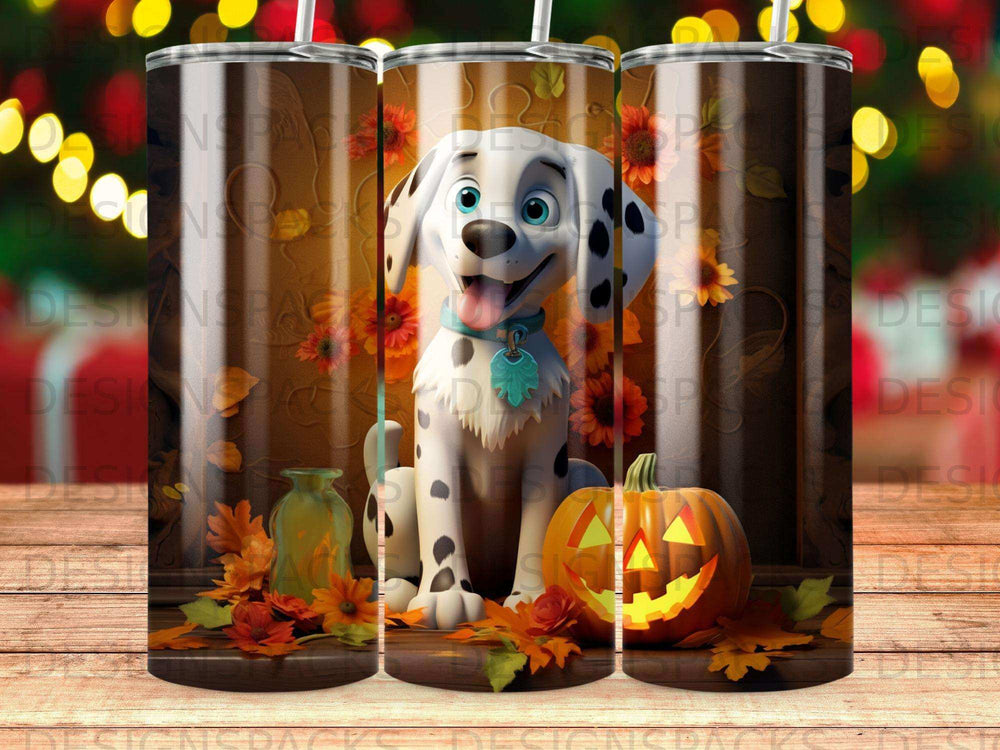 Dalmatian dog with pumpkin and autumn leaves on a patterned tumbler.