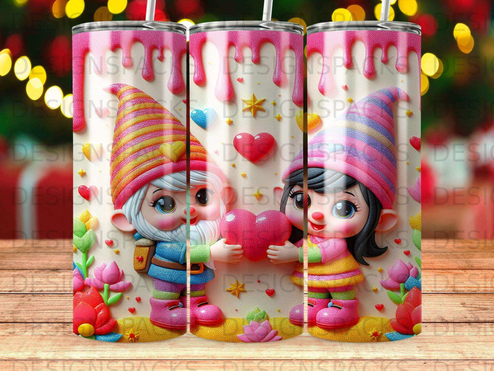 Gnomes holding a heart, with pink drips and flowers.