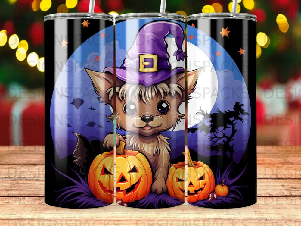 Halloween puppy with pumpkins and witch hat.