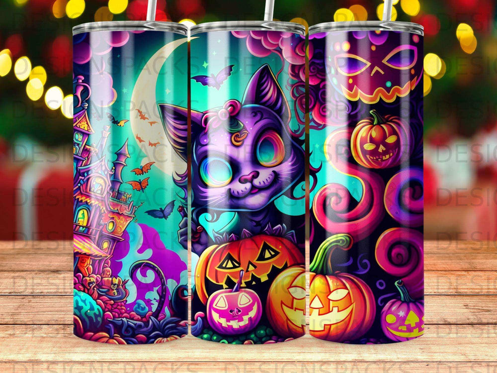 Spooky cat, pumpkins, and haunted house Halloween tumbler design.