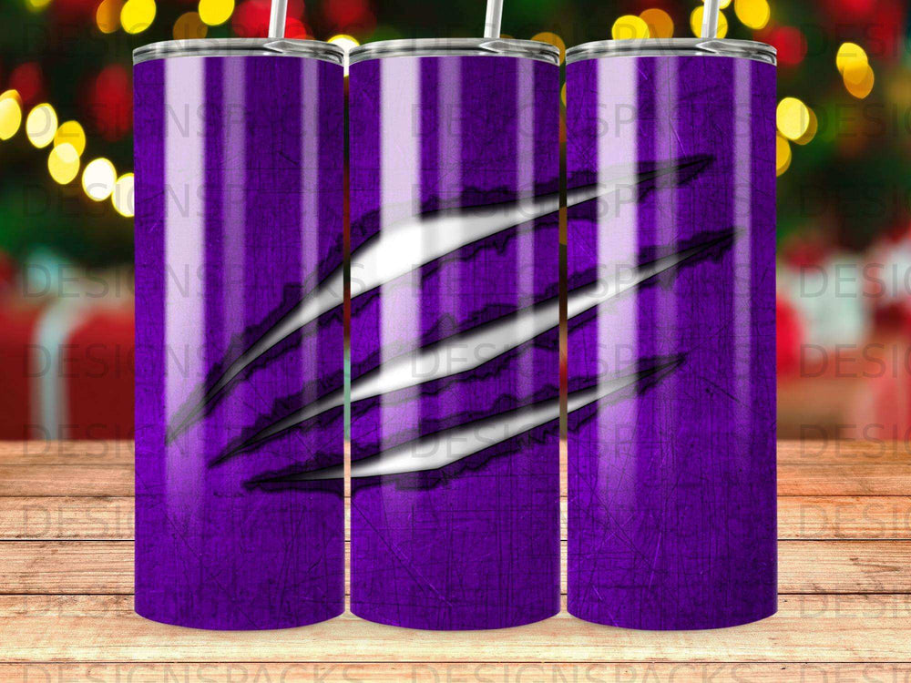 Purple tumbler with scratched claw marks and distressed texture.