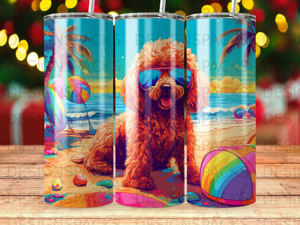 Brown poodle wearing sunglasses on a beach with palm trees.