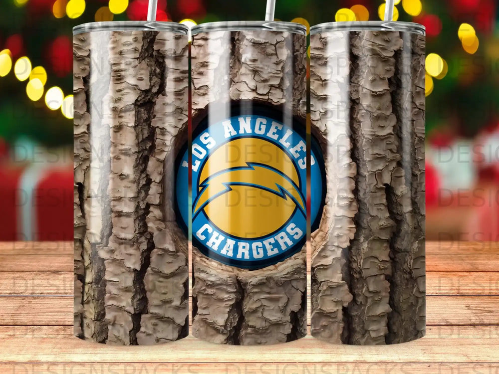 Los Angeles Chargers logo on a wood-textured tumbler.