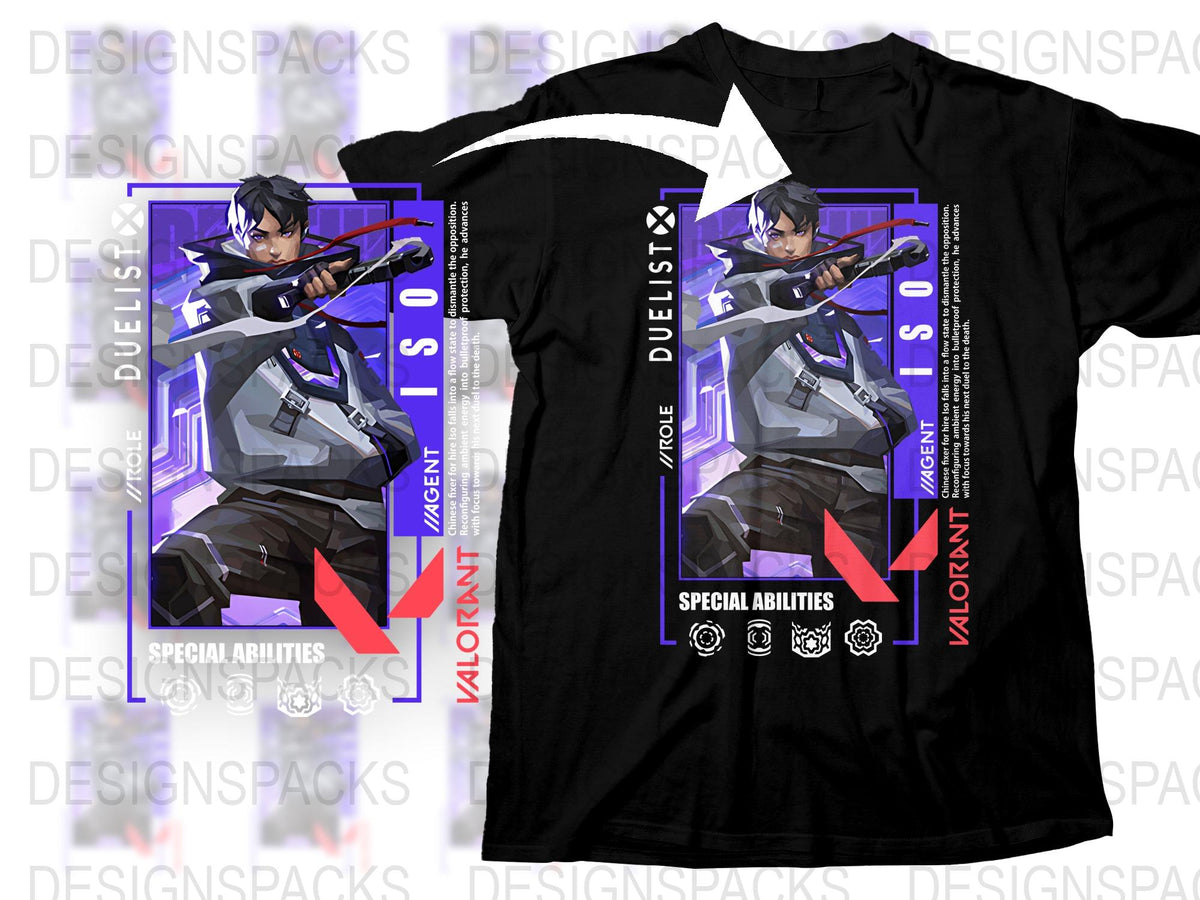 Valorant Agent Duelist Themed Graphic T-Shirt, Gaming Apparel, Special Abilities Icons, Cool Gamer Gift Idea
