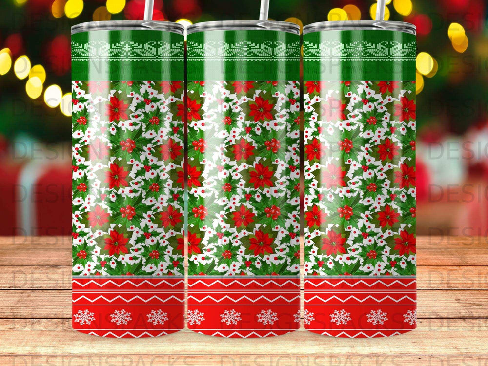 Christmas poinsettia and snowflake pattern tumbler with green stripe top and red snowflake border.