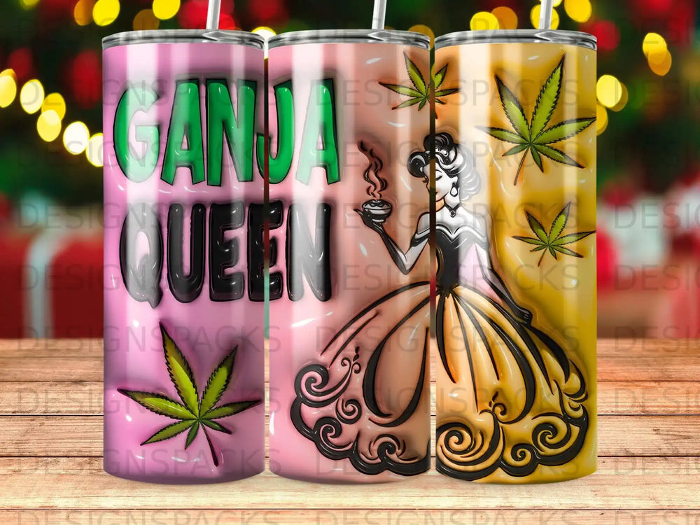 Three tumblers decorated with cannabis leaf pattern and "GANJA QUEEN" text.