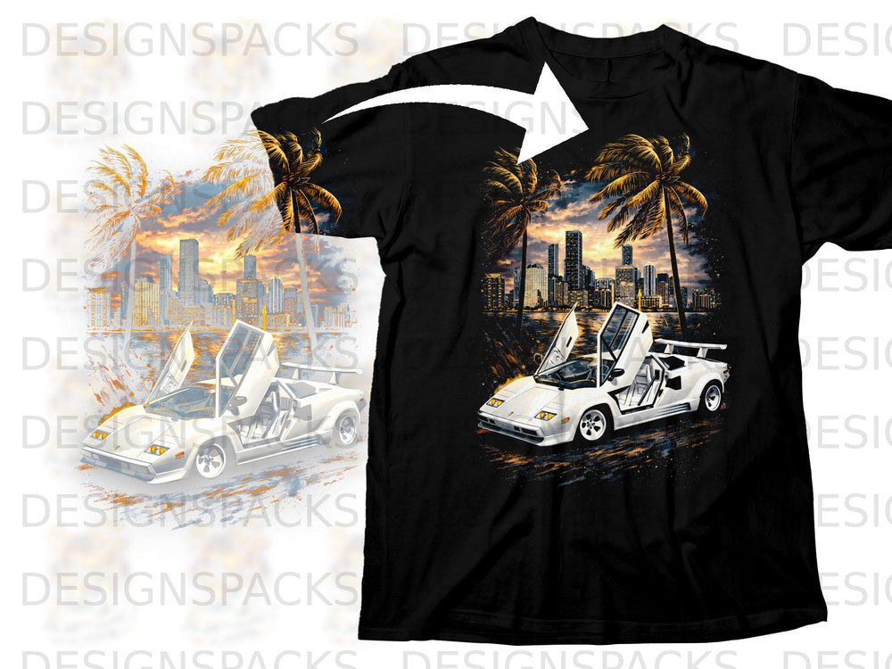 Black t-shirt with graphic of white sports car and city skyline at sunset.
