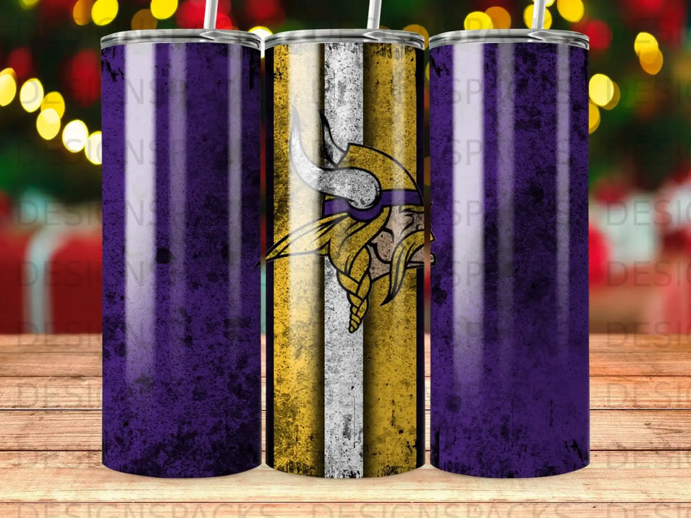 Minnesota Vikings helmet and distressed flag design on three tumblers.
