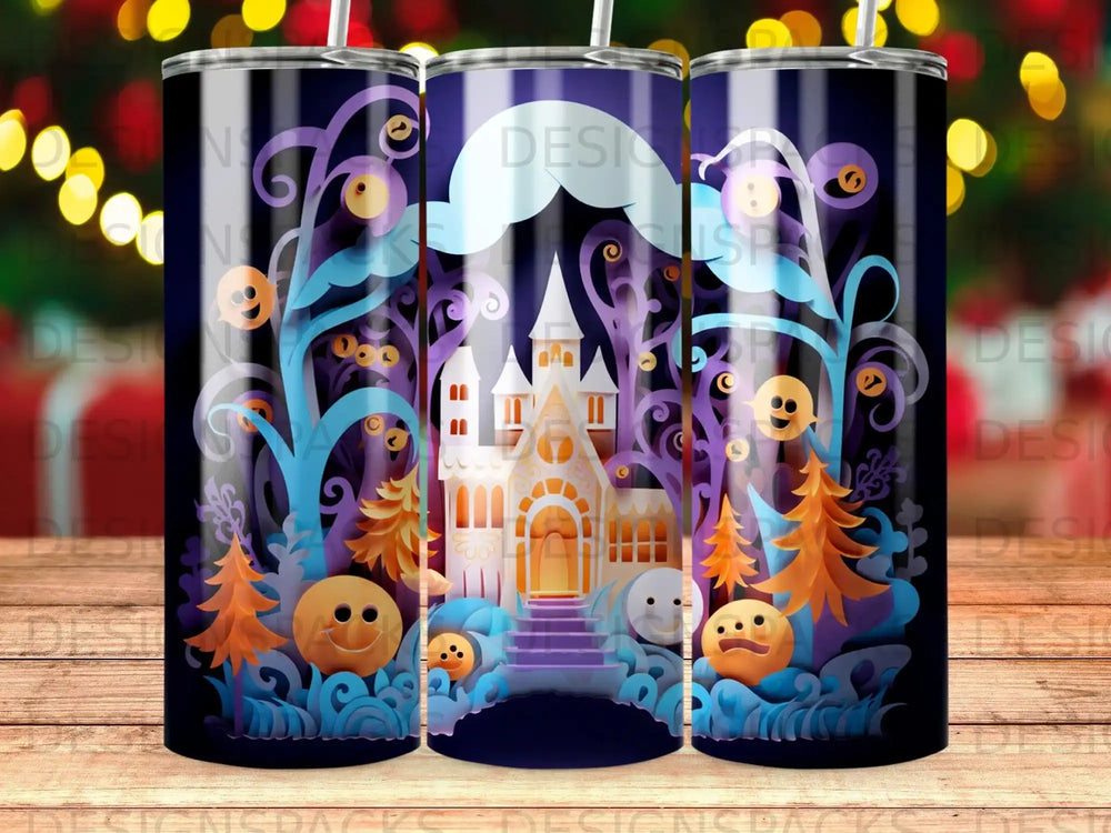 Halloween-themed castle with smiling jack-o'-lanterns and spooky trees.