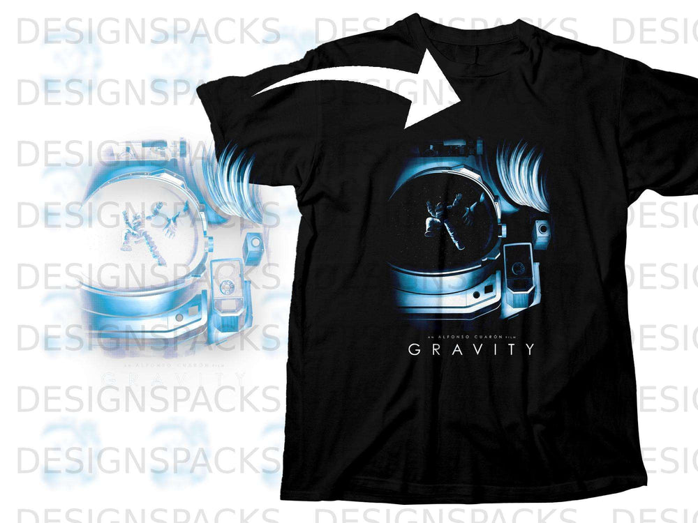 Black t-shirt featuring the movie poster for "Gravity" with an astronaut floating.