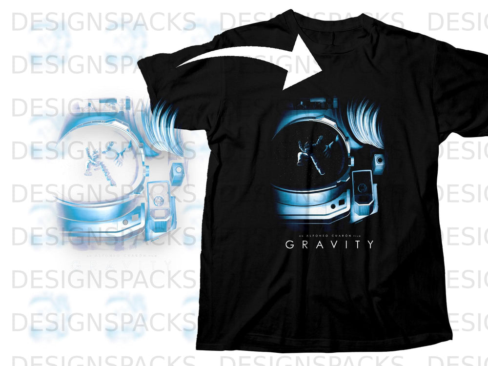 Black t-shirt featuring the movie poster for "Gravity" with an astronaut floating.