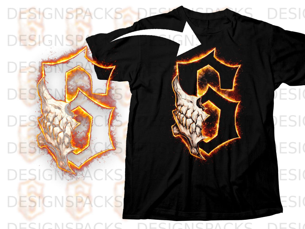 Black t-shirt featuring a fiery skull logo with a stylized S shape.