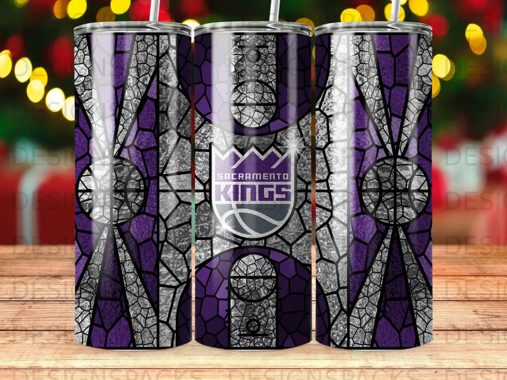 Sacramento Kings basketball team logo on a stained-glass pattern tumbler.