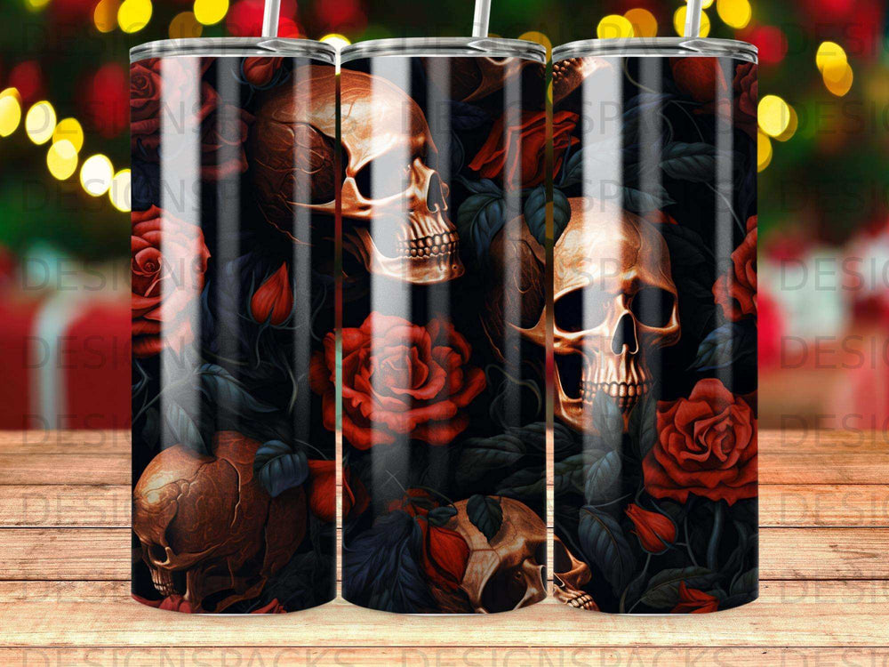 Skulls and red roses design on a tumbler.