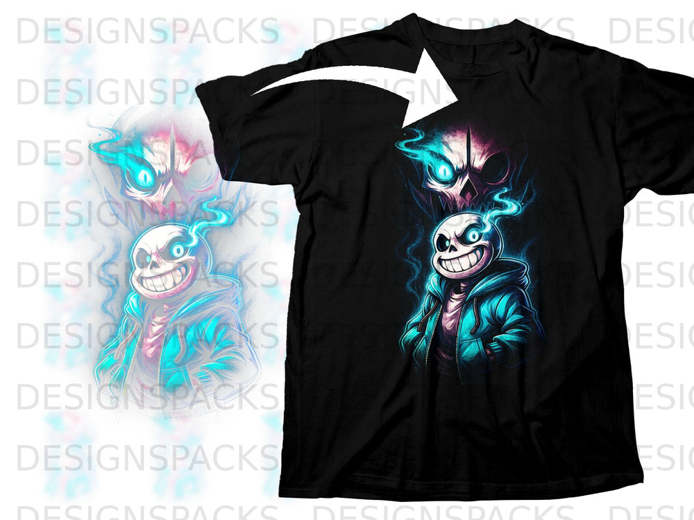 Black t-shirt with a graphic of Sans from Undertale with a skull in the background.