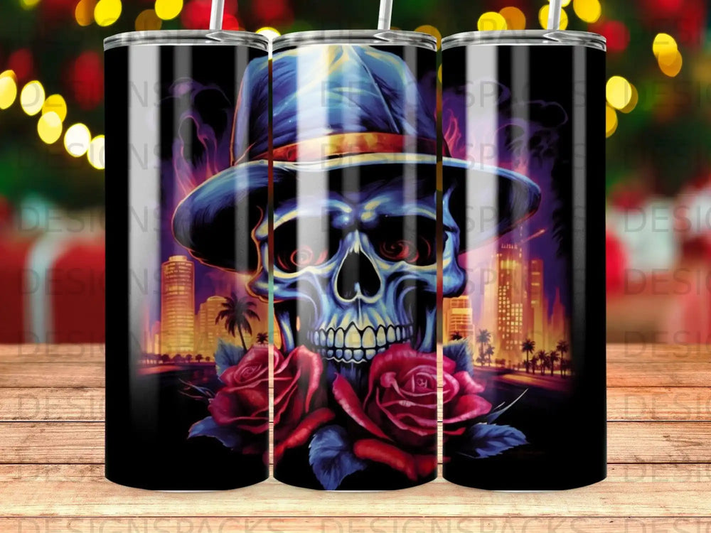 Skull wearing a fedora with roses in front of a cityscape at night.