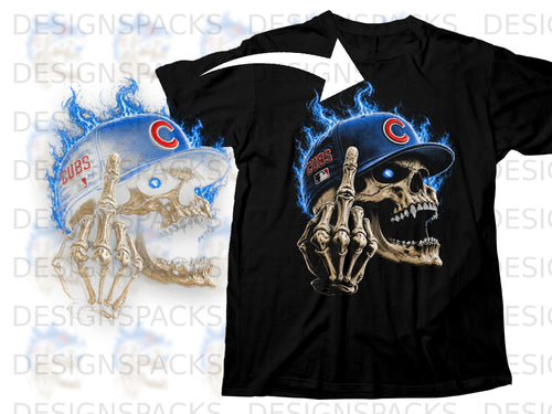 Skeleton skull with Cubs hat, blue flames, and middle finger on black t-shirt.