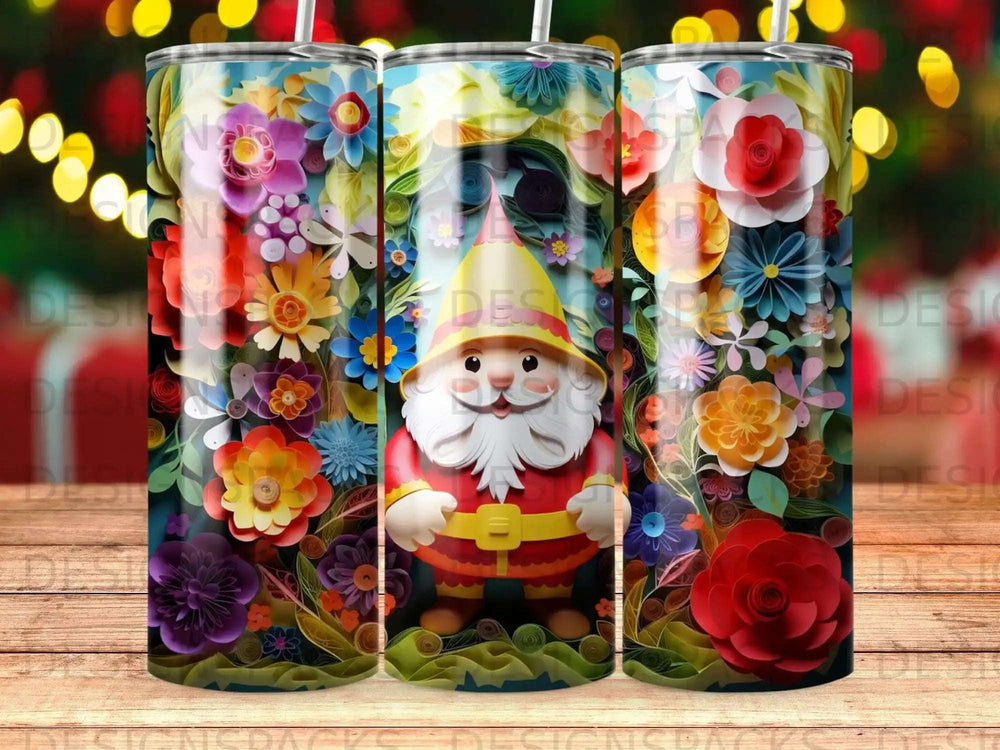 Gnome surrounded by colorful flowers and abstract bokeh lights.