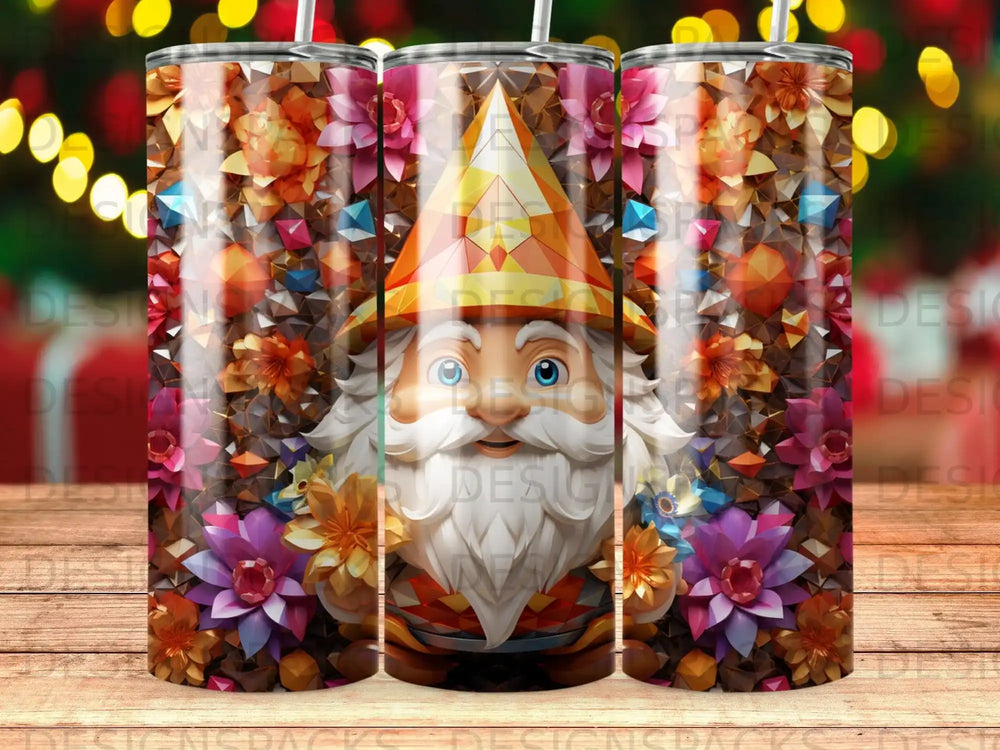 Gnome in colorful geometric floral pattern on tumbler.