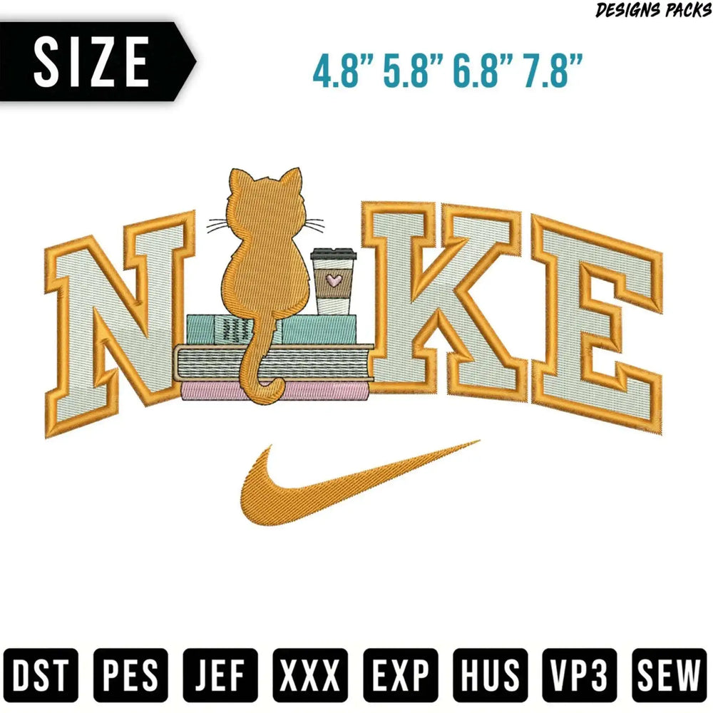 Embroidery design of Nike logo with a cat on books and size options.