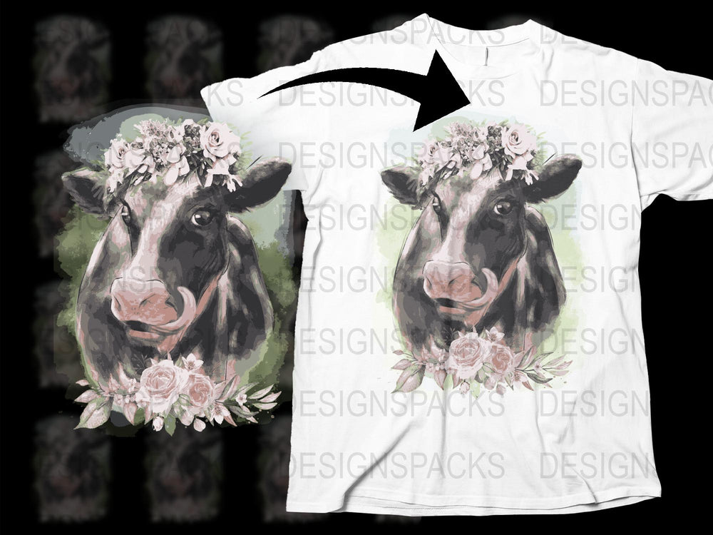Floral Crown Cow T-Shirt, Farm Animal Graphic Tee, Cute Flower Garland Cow Shirt, Unique Animal Print Top for All Ages