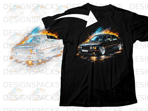 Black t-shirt with a graphic of a black BMW E34 sedan with flames.
