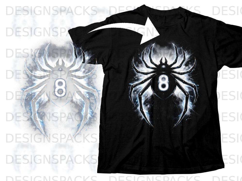 Black t-shirt with a white, glowing spider graphic with the number 8.