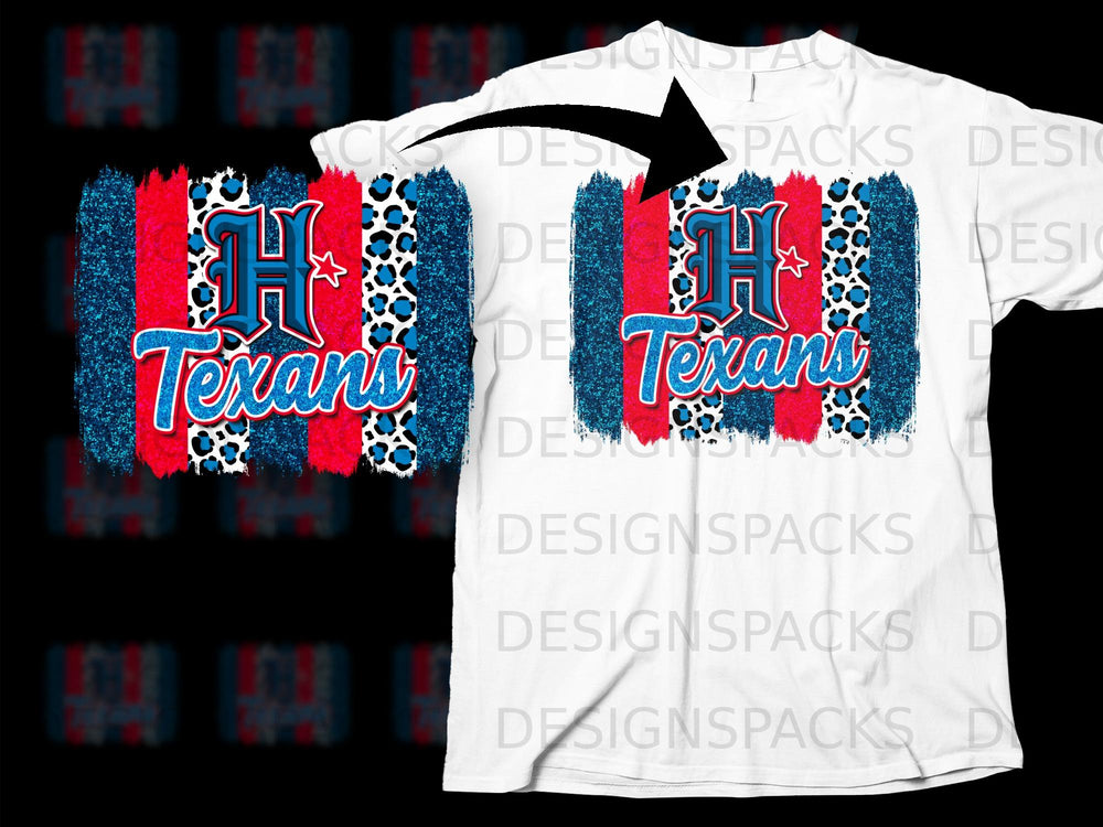 White t-shirt featuring "H Texans" graphic with leopard print and glitter stripes.