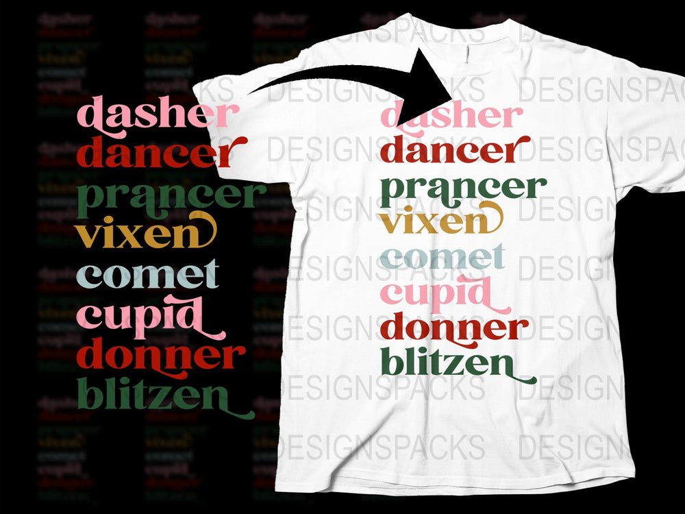 Reindeer Names Christmas T-Shirt, Colorful Holiday Tee, Dasher Vixen Comet Blitzen, Festive Apparel
