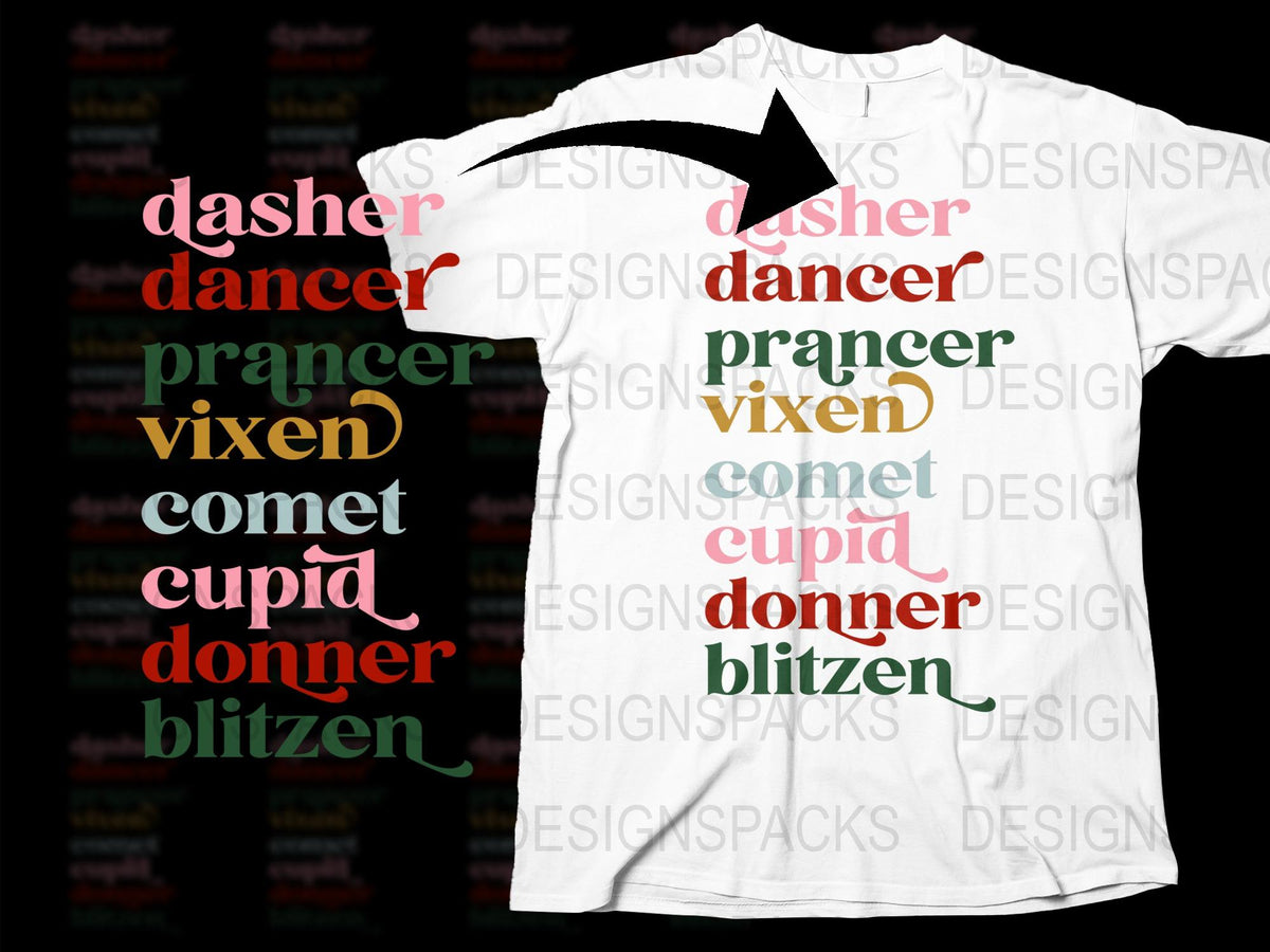 Reindeer Names Christmas T-Shirt, Colorful Holiday Tee, Dasher Vixen Comet Blitzen, Festive Apparel