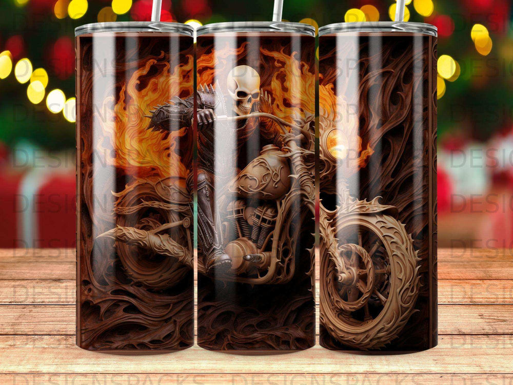 Skeleton biker on motorcycle with flames, detailed gears and chains design.