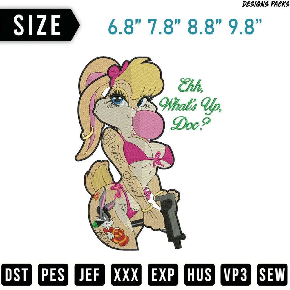 Animated Lola Bunny wearing bikini, holding gun, with text "Ehh, What's Up, Doc?".