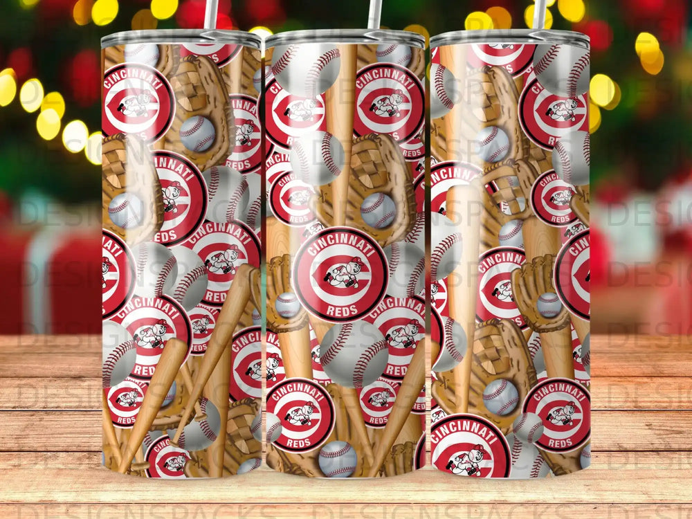 Cincinnati Reds baseball theme tumbler with bats, gloves, and team logos.