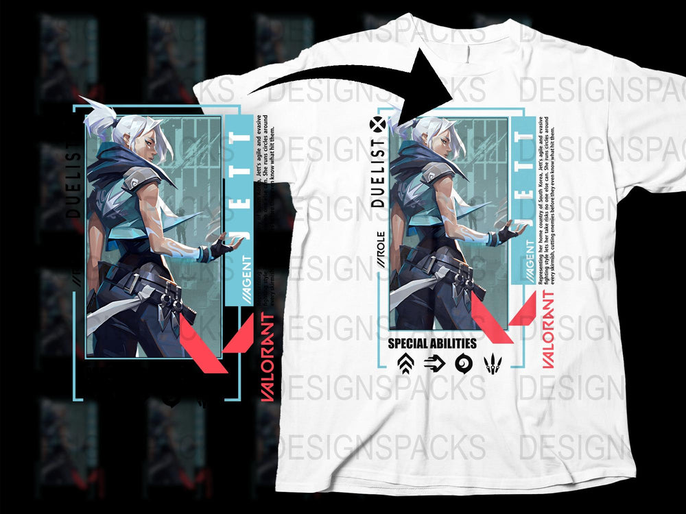 Valorant Jett Agent Graphic T-Shirt, Stylish Gamer Clothing, Unisex Tee, Video Game Apparel, Cool Print Design, Gift for Gamers