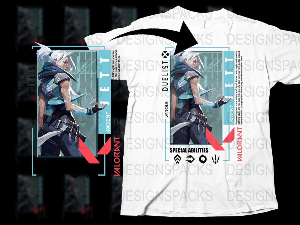 Valorant Jett Agent Graphic T-Shirt, Stylish Gamer Clothing, Unisex Tee, Video Game Apparel, Cool Print Design, Gift for Gamers