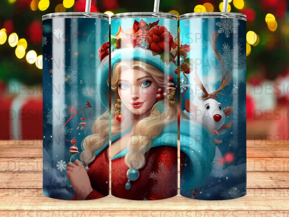 Illustration of Elsa from Frozen with snowflakes and a reindeer.