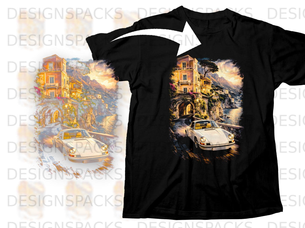 Black t-shirt with a white Porsche 911 driving down a scenic coastal road.