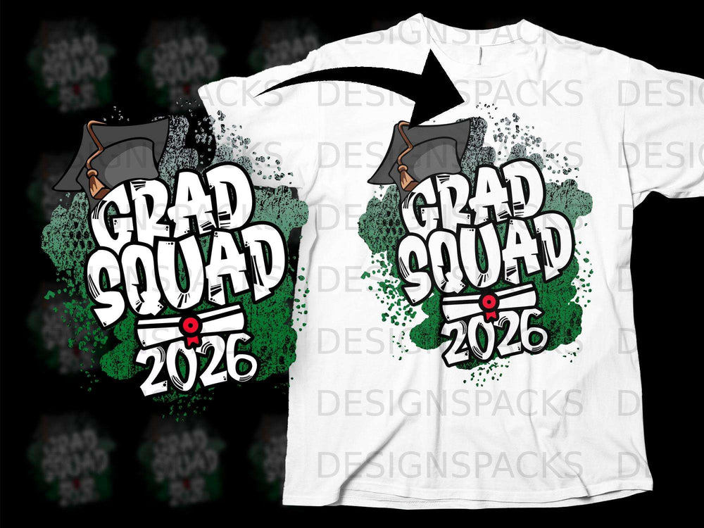 White t-shirt graphic with "GRAD SQUAD 2026" text, graduation cap, and diploma.