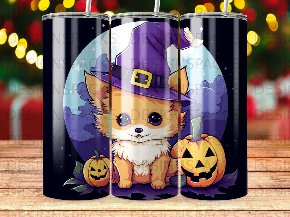 Cute corgi with witch hat and pumpkins, Halloween theme.